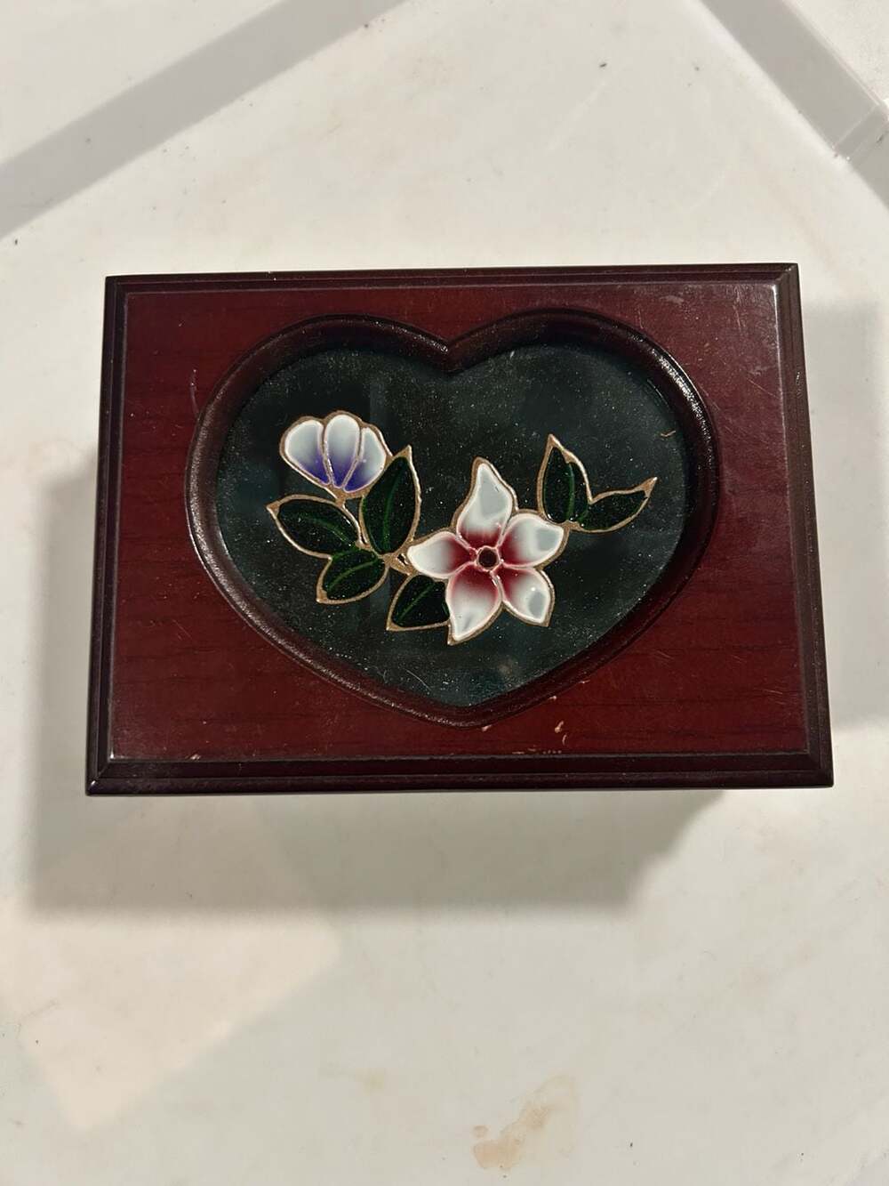 Vintage Wooden Jewelry Box with Stained Glass Heart and Floral Motif